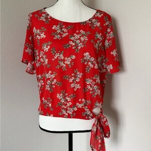 Socialite Red Floral Short Sleeve Tie Waist Top
